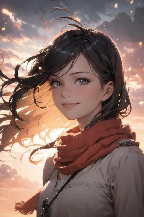 masterpiece, best quality, realistic, 1girl, illustration of a girl floating in the sky, scarf, floating hair, close-up, warm soft lighting, sunset, cloud, cloudy sky, (sparks:0.7), (light particles:1.1), volumetric lighting, smug, smirk