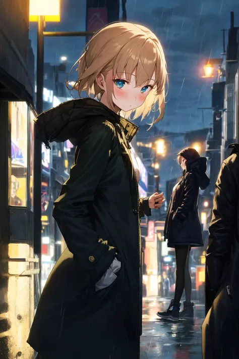 <lora:apstyle:0.9> apstylemasterpiece best quality 1girl
1girl,night city,rain,coat,hands in pockets