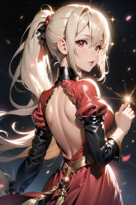 (masterpiece, best quality:1.2), (face focus:1.4), back focus, from behind, blonde hair, long hair, high ponytail, long ponytail, red eyes, long eyelashes, thick eyelashes, looking at viewer, red dress, backless dress, gold trim dress, puffy sleeves, juliet sleeves, long sleeves, red sleeves, (black background:1.2), light particles, blurry, bloom, shiny hair, <lora:Add Detail:0.5>