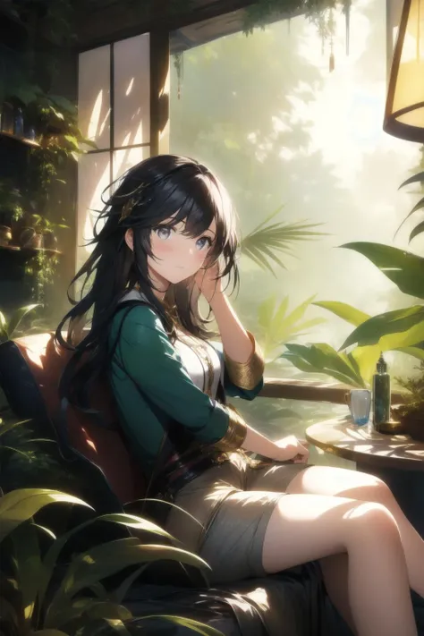 1girl, landscape of a (Workshop:1.1) from inside of a Lothlórien, jungle, at Overcast, (nature art by Theodore Rousseau:0.9) , Black lighting, Depth of field 100mm