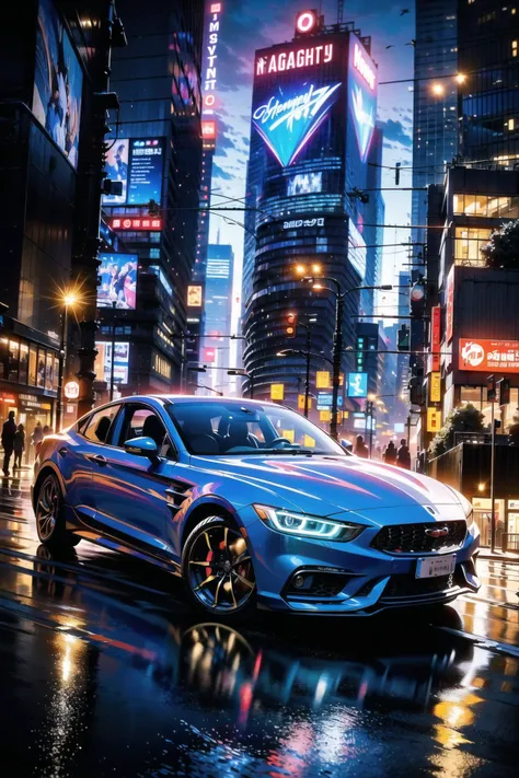 hyper realistic,metal,professional photo of a futuristic muscle car with multiple modifications, large wheels, driving, cybernetic hood, cyber car parts, front pop up headlights, science fiction, sci-fi scenario, (night), natural light, cyberpunk, futuristic city, cyberpunk city, neon signs, highly detailed, (highly detailed background), multiple buildings in the background, detailed textures, wide angle, 8k, HDR, professional photoshoot, high quality photo, realistic photo, realistic shadows, detailed shadows, realistic proportions,film grain, raw photo,(front),
<lora:apstyle3diff:1> apstyle3 apstyle masterpiece best quality detailed eyes