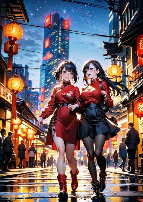 <lora:ã麻çloraãç¬å®¹å¤§å°è°èç¥å¨>,(The entire composition is centered on the axis.),(The content of the scene depicts two girls walking side by side on a main thoroughfare.),(Both girls have black hair and black eyes, and they are happily engaged in conversation.),(The girl on the left is wearing a red Tang-style Hanfu with jewelry.),(The girl on the right is dressed in a red sweater, black skirt, and brown snow boots.:1.2),(the one with the red sweater:1.5),(black skirt:1.2),(On the left side of the scene, there are traditional Chinese buildings with wooden railing structures and red lanterns.),(On the right side, there are modern skyscrapers and commercial buildings.:1.5),(modern commercial street:1.5),(the bright light:1.2),(modern architecture:1.5),(The overall atmosphere of the scene represents the ambiance of Chinese New Year.:1.5),(It is nighttime with stars and fireworks in the sky.),neon lights,<lora:lora_ç¯å¢_GHIBLI_Background:0.4>,hand in hand,, masterpiece,best quality,highly detailed,Amazing,finely detail,extremely detailed CG unity 8k wallpaper,score:>=60,, incredibly absurdres,wallpaper,realistic,real,photo,landscape,foreshortening,, beautiful detailed eyes,Fine hair texture,