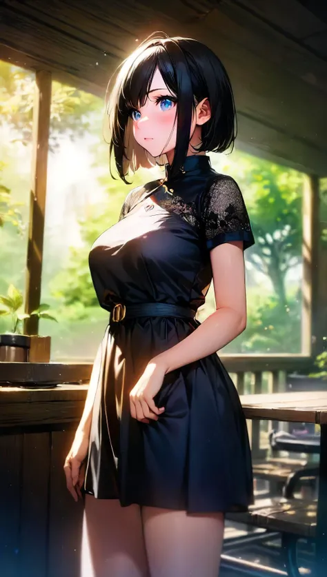 (best quality, high quality, photograph, hyperrealism, masterpiece, 8k:1.3), 1girl, Chinese, chubby, nsfw, brown dress, short dress, chin-length bob hair, confused, Enchanting Forest Lighting, A combination of moonlight and dappled light, adding a fairy-tale-like charm, trending on Saatchi Art, concept art, shot by joel meyerowitz, close-up