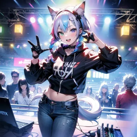 best quality, masterpiece, highres, detailed, perfect anatomy, multicolored hair, hairband, happy, heterochromia, cowboy shot, curtsey, (braid:1.2), animal ears, animal tail, cat ears, cat tail, dog ears, dog tail, fox ears, fox tail, (masterpiece), science fiction, scenery, 1girl, smile, multicolored hair, heterochromia, headgear, dj, dj booth, booth, neon lights, stage, short hair, twintails, sound board, neon pallete, jacket, jeans, hoodie,