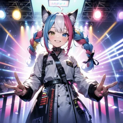 best quality, masterpiece, highres, detailed, perfect anatomy, multicolored hair, hairband, happy, heterochromia, cowboy shot, curtsey, (braid:1.2), animal ears, animal tail, cat ears, cat tail, dog ears, dog tail, fox ears, fox tail, (masterpiece), science fiction, scenery, 1girl, smile, multicolored hair, heterochromia, headgear, dj, dj booth, booth, neon lights, stage, short hair, twintails, sound board, neon pallete,