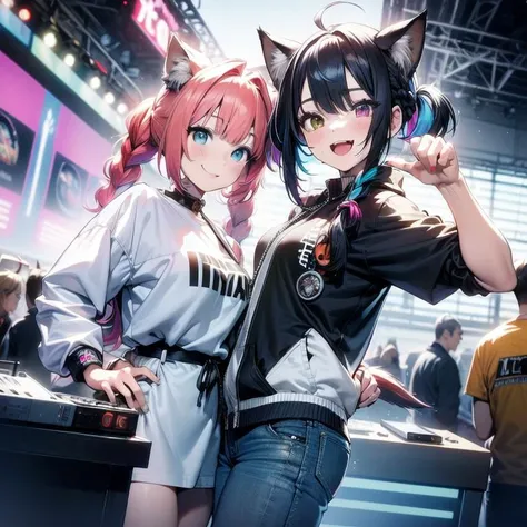 best quality, masterpiece, highres, detailed, perfect anatomy, multicolored hair, hairband, happy, heterochromia, cowboy shot, curtsey, (braid:1.2), animal ears, animal tail, cat ears, cat tail, dog ears, dog tail, fox ears, fox tail, (masterpiece), science fiction, scenery, 1girl, smile, multicolored hair, heterochromia, headgear, dj, dj booth, booth, neon lights, stage, short hair, twintails, sound board, neon pallete, jacket, jeans, hoodie,