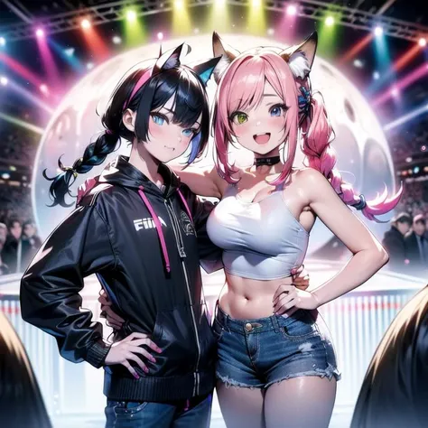 best quality, masterpiece, highres, detailed, perfect anatomy, multicolored hair, hairband, happy, heterochromia, cowboy shot, curtsey, (braid:1.2), animal ears, animal tail, cat ears, cat tail, dog ears, dog tail, fox ears, fox tail, (masterpiece), science fiction, scenery, 1girl, smile, multicolored hair, heterochromia, headgear, dj, dj booth, booth, neon lights, stage, short hair, twintails, sound board, neon pallete, jacket, jeans, hoodie,