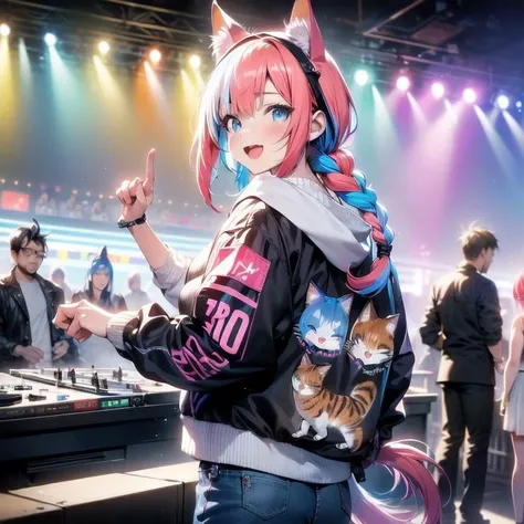 best quality, masterpiece, highres, detailed, perfect anatomy, multicolored hair, hairband, happy, heterochromia, cowboy shot, curtsey, (braid:1.2), animal ears, animal tail, cat ears, cat tail, dog ears, dog tail, fox ears, fox tail, (masterpiece), science fiction, scenery, 1girl, smile, multicolored hair, heterochromia, headgear, dj, dj booth, booth, neon lights, stage, short hair, twintails, sound board, neon pallete, jacket, jeans, hoodie,