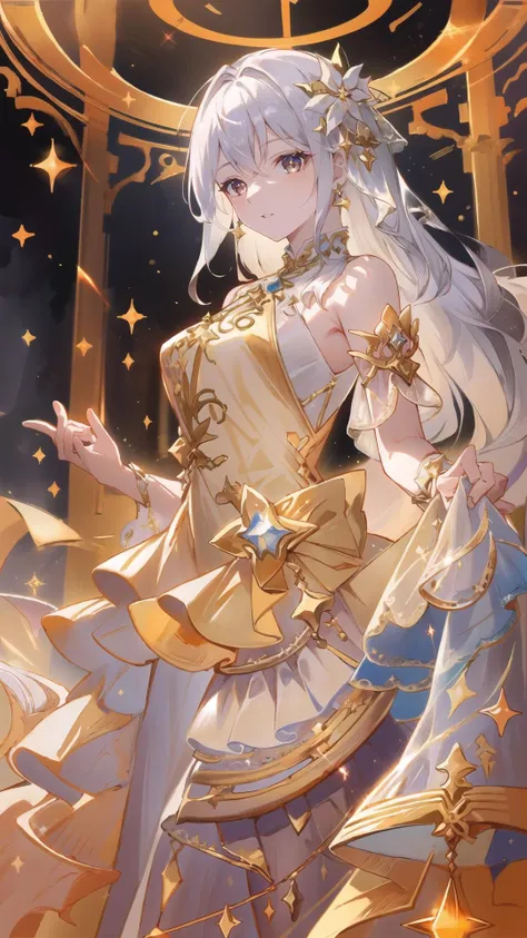 masterpiece, best quality,highres, 1girl, jinmeng, golden layered dress, sparkle, see-through, jewelry, white hair, sunlight,  <lora:jinmeng:0.8>