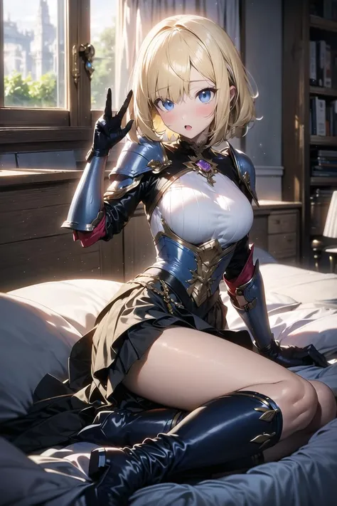 Best Quality, masutepiece,Saber, Faltria, 1girl in, Solo, armor,  Armored dress, blazing, gauntlets, Holding, breastplates, Hair bun,  full bodyesbian, legs are open, undergarment:only panties,   Panty Pose, (Fully exposed panties:1.5)、 (Panties:1.3), (lying on back, head on pillow:1.6), ( closed legs:1.2),
(lower body, looking at viewer :1.4),