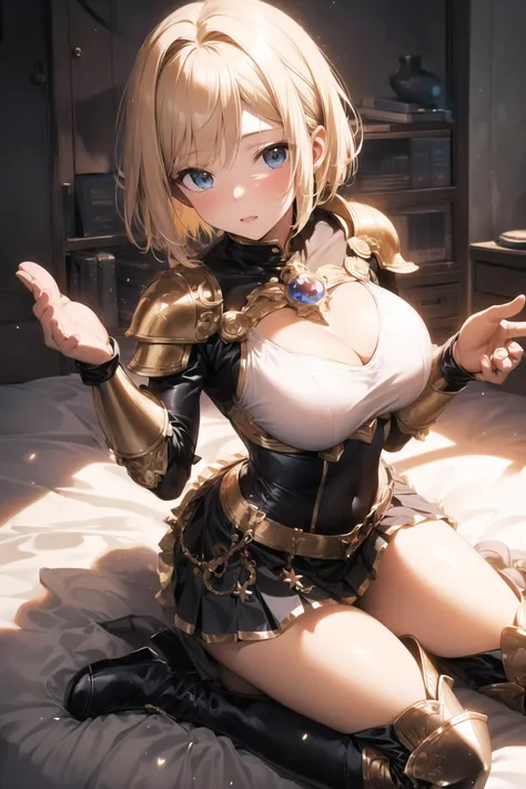 masterpiece best quality 1girl blonde hair short hair middle breast fantasy armor skirt boots globes open hand