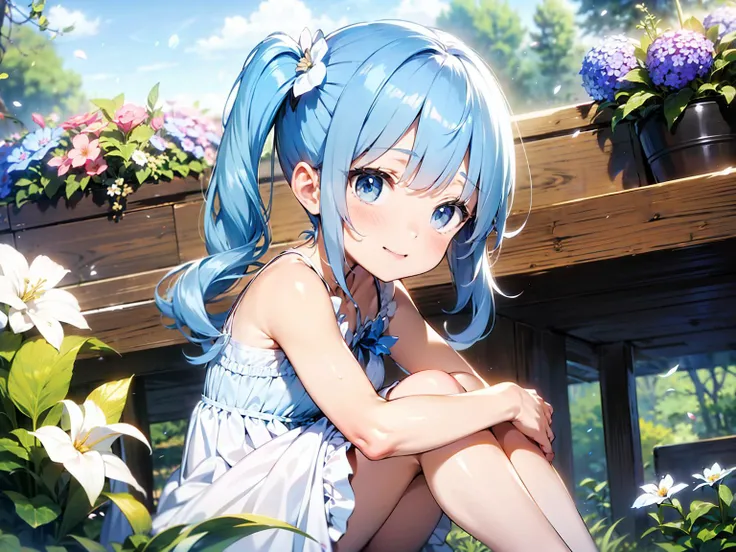 best quality,kawaii,1girl,flat chest,twintails,short,pastel style,white dress,noon,wind,composition above the waist,blue hair,dancing petals,sitting,front blur,flowers on the front of the screen,looking_at_viewer,laughing,an irregular flower that blooms,outside,lots of bellflower,wooden bench,flowers on the knees,reflection of light,depth of field,