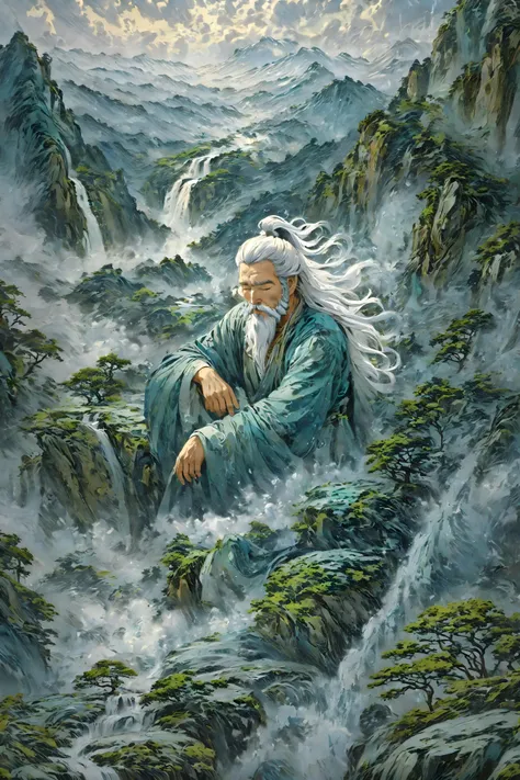 solo,(elder:1.2),wrinkle,(eyes_closed:1.2),kindly,mountain deity,freehand landscape painting,a male image,peak,waterfall,waterfall,gods,immortal,giant gods and mountains merge into one,white hair,white beard,white eyebrows,the whole body,<lora:ä¸å½æ¢¦é _ 䏿¹é²²é¹ï¼å½æ½®æç»ä¸¹ï¼_v1.0:0.6>,<lora:lora-å½é£å±±æ°´ç»å·_Guofeng Shanshui Emaki_V1.0:0.5>,, masterpiece,best quality,highly detailed,Amazing,finely detail,extremely detailed CG unity 8k wallpaper,score:>=60,, beautiful detailed eyes,Fine hair texture,, incredibly absurdres,wallpaper,realistic,real,photo,landscape,foreshortening,