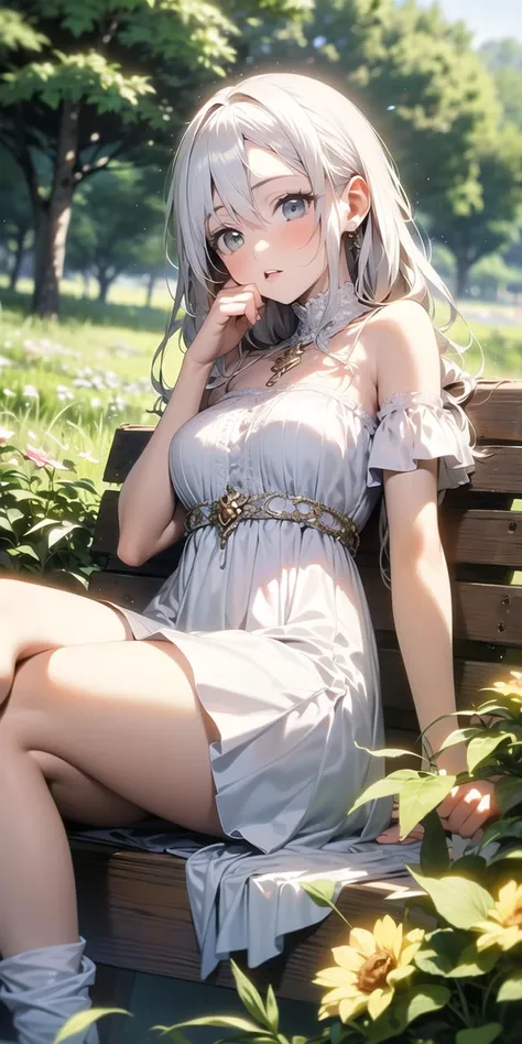<lora:apstyle3diff:1> apstyle3 apstyle masterpiece best quality detailed eyes
(masterpiece, best quality),1girl with long white hair sitting in a field of green plants and flowers, her hand under her chin, warm lighting, white dress, blurry foreground