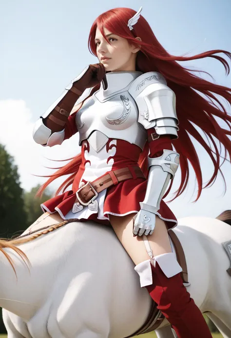 score_9, score_7_up, source_real_life, solo, BREAK blue sky, horseback riding, hand up,  <lora:fecordelia-pdxl-nvwls-v1:0.8> defCordelia, red hair, red eyes, wing hair ornament, red dress, short dress, armored dress, belt, gauntlets, garter straps, thigh boots, pegasus, white horse,