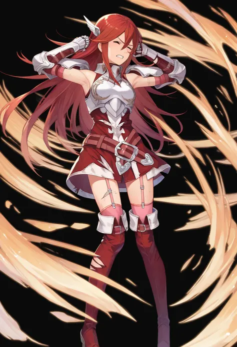 score_9, score_8_up, score_7_up, source_anime, fehdmg, torn clothes, full body, standing, black background, simple background, solo, 1girl, defCordelia, red hair, hair between eyes, red eyes, wing hair ornament, red dress, short dress, armored dress, belt, gauntlets, garter straps, pink thighhighs, red thigh boots, turning head, looking to the side, wince, clenched teeth, clutching clothes, knees together feet apart, hand to forehead, armpits, <lora:fecordelia-pdxl-nvwls-v1:1>, <lora:feh-style-richy-v1_pdxl:1>