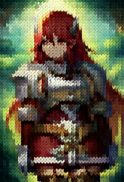 score_9,score_8_up,score_7_up,kn1t,defCordelia, red hair, red eyes, wing hair ornament, red dress, short dress, armored dress, belt, gauntlets, garter straps, thigh boots, forest, smiling,
<lora:potat_knit_style_PDXL_v1:1>  <lora:fecordelia-pdxl-nvwls-v1:1>