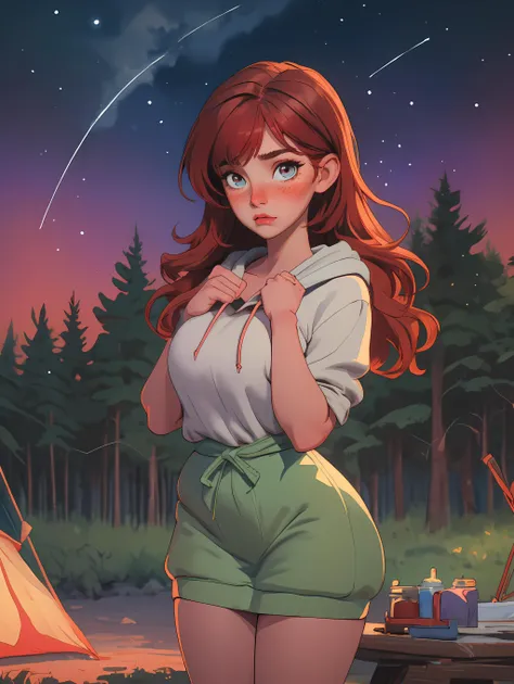 (masterpiece, best quality),
artistic (painting:1.1), (watercolor:1.3),
1girl, (huge breasts:1.2), looking at viewer, wearing a (hoodie:1.1), long wavy flowing red hair, (freckles:1.1), flushed cheeks, (blushing:1.1),
campfire, bonfire, camping, campsite, tent, night sky, shooting stars, (galaxy:1.1), nature, pacific northwest, pine forest, river,
<lora:thicc_v2.3:0.9>
<lora:breasts_squeezed_together_v0.2:1.0> breasts squeezed together, hands on own chest