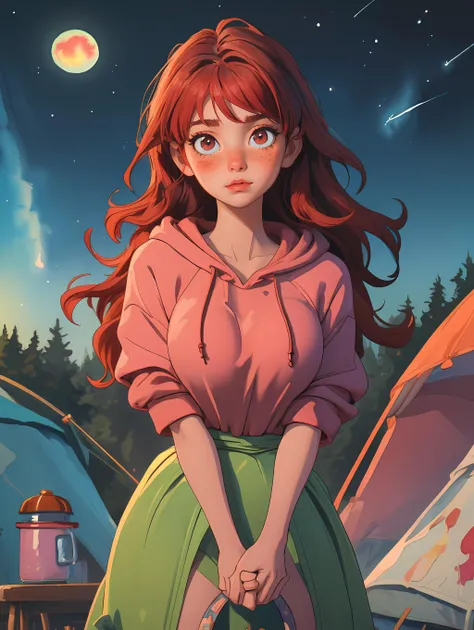 (masterpiece, best quality),
(artistic painting:1.1), (watercolor:1.3),
1girl, (huge breasts:1.2), looking at viewer, wearing a (hoodie:1.1), long wavy flowing red hair, (freckles:1.1), flushed cheeks, (blushing:1.1),
campfire, bonfire, camping, campsite, tent, night sky, shooting stars, (galaxy:1.1), nature, pacific northwest, pine forest, river,
<lora:thicc_v2.3:0.9>
<lora:breasts_squeezed_together_v0.2:1.0> breasts squeezed together, hands on own chest