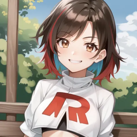 1girl, solo, sky, looking at viewer, brown eyes, red hair, short hair, multicolored hair, black hair, portrait, smile, smug, <lora:team-rocket-uniform-08:1>, team rocket uniform, white jacket, midriff, red letter "R"