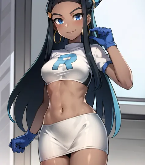 1girl, solo, sky, looking at viewer, <lora:NessaCharacterPokemon_v1:0.52>, character_pokemon_nessa, (dark skin), hair bun, hair ornament, single glove, necklace, hoop earrings, ear piercing, armlet, armband, belly chain, dynamax band, cowboy shot, smile, smug, <lora:team-rocket-uniform-08:1>, team rocket uniform, white jacket, white skirt, pencil skirt, miniskirt, thighhigh boots, midriff, red letter "R"