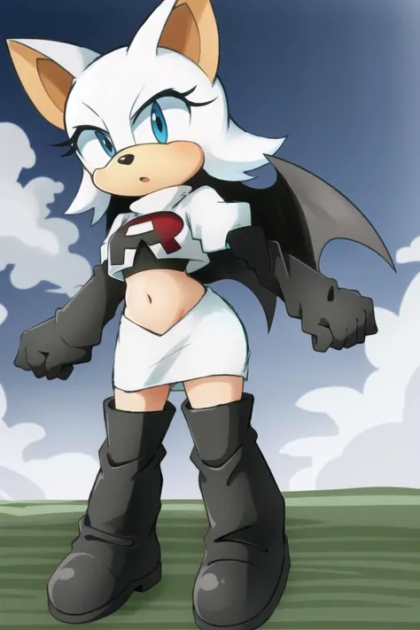 1girl, solo, outdoors, day, sky, full body, <lora:team-rocket-uniform-08:1.2>, team rocket uniform, white shirt, crop top, miniskirt, white skirt, midriff, black thighhighs, thighhigh boots, <lora:Rouge the Bat, Sonic:1>, rouge the bat, bat girl, bat ears, furry, anthro,