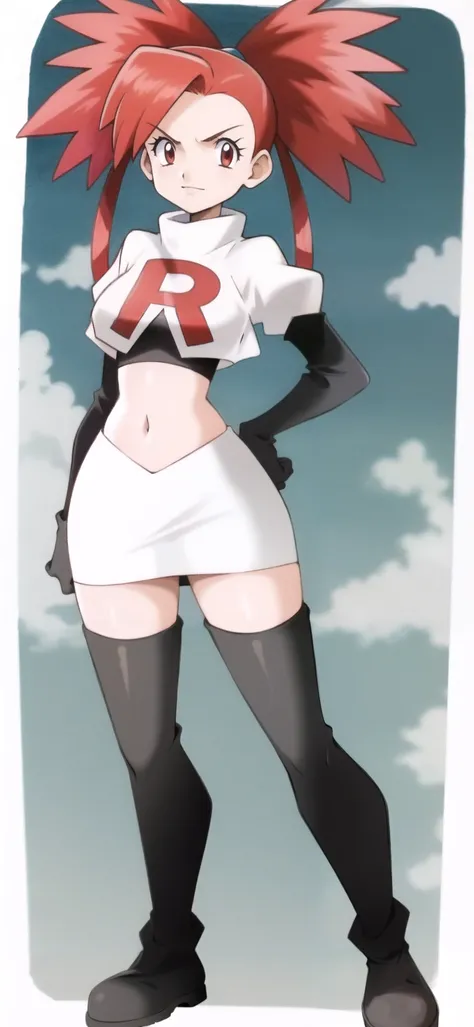 1girl, solo, outdoors, day, sky, full body, <lora:team-rocket-uniform-08:1.15>, team rocket uniform, white shirt, crop top, white skirt, miniskirt, midriff, zettai ryouiki, boots, black thighhighs, red "R", clothes writing, <lora:flannery-v2-epoch-000010:0.9>, flannery \(pokemon\), red hair, red eyes, bangs, <lora:Pokemon (Style):0.56>, generation 2