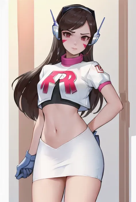 ((masterpiece, best quality)), good anatomy, detailed body, uncensored, wallpaper, 1girl, solo, <lora:teamRocketUniform_V1:1.1>, team rocket uniform, white jacket, cowboy shot, white skirt, pencil skirt, miniskirt, midriff, red "R" on shirt, clothes writing, <lora:dVaOverwatch_v3:0.5>, Deeva \(overwatch 1 version\), d.va /(overwatch 1/), headphone, red face marking, detailed face