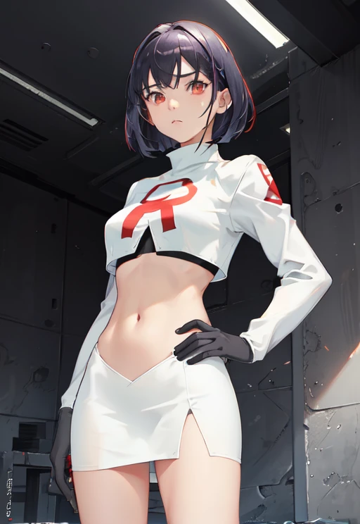 1girl, solo, sky, looking at viewer, cowboy shot, grimace, Cover stomach with both hands, team rocket uniform, white jacket, white skirt, pencil skirt, miniskirt, thighhigh boots, hand on hip, midriff,black bob cut, red eyes , red letter "R", <lora:teamRocketUniform_V1:1>