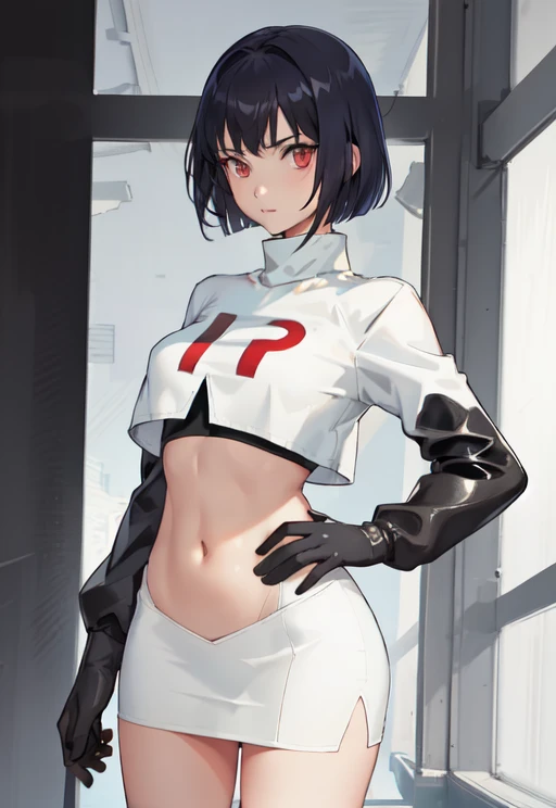 1girl, solo, sky, looking at viewer, cowboy shot, grimace, Cover stomach with both hands, team rocket uniform, white jacket, white skirt, pencil skirt, miniskirt, thighhigh boots, hand on hip, midriff,black bob cut, red eyes , red letter "R", <lora:teamRocketUniform_V1:1>