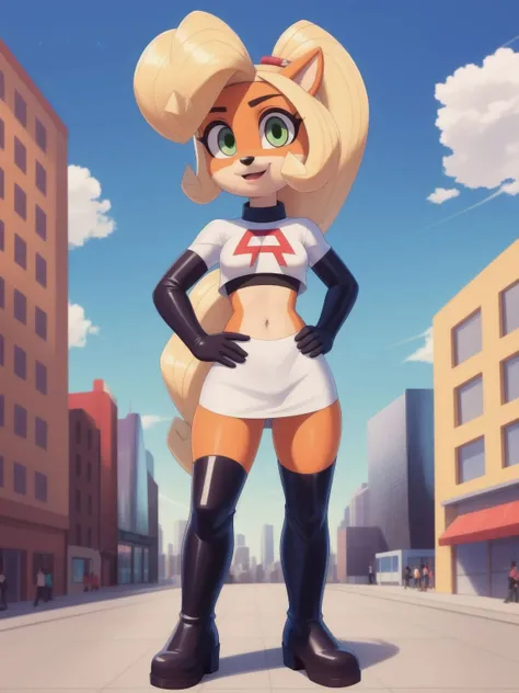 (<lora:CocoBandicoot1:1>),(1girl:1),(animal ears:0.961),(blonde hair:0.78),(blue sky:0.975),(small breasts:0.981),(building:0.952),(city:0.815),(closed mouth:0.715),(cloud:0.971),(day:0.98),(furry:0.941),(furry female:0.963),(green eyes:0.925),(hand on hip:0.937),(hands on hips:0.966),(long hair:0.853),(looking at viewer:0.633),(outdoors:0.967),(sky:0.989),(skyscraper:0.862),(small breasts:0.673),(smile:0.902),(solo:0.997),(standing in a crowded street),(standing:0.709),(tree:0.596),(coco bandicoot),AS-Young,team rocket uniform,white jacket,white skirt,(thighhigh boots),midriff,<lora:team-rocket-uniform-08:1>,