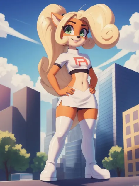(<lora:CocoBandicoot1:1>),(1girl:1),(animal ears:0.961),(blonde hair:0.78),(blue sky:0.975),(small breasts:0.981),(building:0.952),(city:0.815),(closed mouth:0.715),(cloud:0.971),(day:0.98),(furry:0.941),(furry female:0.963),(green eyes:0.925),(hand on hip:0.937),(hands on hips:0.966),(long hair:0.853),(looking at viewer:0.633),(outdoors:0.967),(sky:0.989),(skyscraper:0.862),(small breasts:0.673),(smile:0.902),(solo:0.997),(standing in a crowded street),(standing:0.709),(tree:0.596),(coco bandicoot),AS-Young,team rocket uniform,white jacket,white skirt,(thighhigh boots),midriff,<lora:team-rocket-uniform-08:1>,