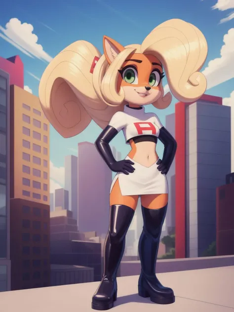 (<lora:CocoBandicoot1:1>),(1girl:1),(animal ears:0.961),(blonde hair:0.78),(blue sky:0.975),(small breasts:0.981),(building:0.952),(city:0.815),(closed mouth:0.715),(cloud:0.971),(day:0.98),(furry:0.941),(furry female:0.963),(green eyes:0.925),(hand on hip:0.937),(hands on hips:0.966),(long hair:0.853),(looking at viewer:0.633),(outdoors:0.967),(sky:0.989),(skyscraper:0.862),(small breasts:0.673),(smile:0.902),(solo:0.997),(standing in a crowded street),(standing:0.709),(tree:0.596),(coco bandicoot),AS-Young,team rocket uniform,white jacket,white skirt,(thighhigh boots),midriff,<lora:team-rocket-uniform-08:1>,