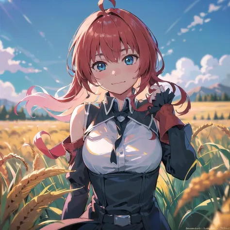 ((8k,masterpiece,best quality)), ultra high res, best shadows, illustration, high detail, extremely detailed, intricate detail, detailed eyes, ((caustics)), bloom, cinematic composition, landscape, scenery, 8k, absurdes, official_art:2, BREAK, 1girl, solo, <lora:Rus:1>, (Rus), rusalka schwagerin, looking at viewer, soft lighting, depth of field, blurry background, ((film grain)), lens flare, sun flare, sun rays, sunlight, outdoors, nature, wheat field, golden wheat, mountains in background, hills, joyful, euphoric, dreamy, (upper body), amber glow, vibrant warm lighting, heat wave, ((big fluffy clouds)), (pov), standing,