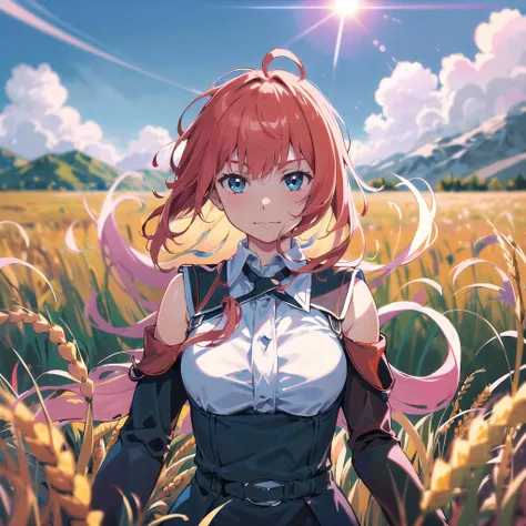 ((8k,masterpiece,best quality)), ultra high res, best shadows, illustration, high detail, extremely detailed, intricate detail, detailed eyes, cruel, sadistic, ((caustics)), bloom, cinematic composition, landscape, scenery, 8k, absurdes, official_art:2, BREAK, 1girl, solo, <lora:Rus:1>, (Rus), rusalka schwagerin, looking at viewer, soft lighting, depth of field, blurry background, ((film grain)), lens flare, sun flare, sun rays, sunlight, outdoors, nature, wheat field, golden wheat, mountains in background, hills, joyful, euphoric, dreamy, (upper body), amber glow, vibrant warm lighting, heat wave, ((big fluffy clouds)), (pov), standing,