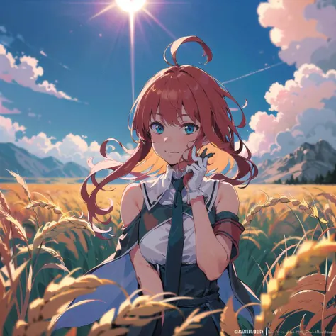 ((8k,masterpiece,best quality)), ultra high res, best shadows, illustration, high detail, extremely detailed, intricate detail, detailed eyes, cruel, sadistic, ((caustics)), bloom, cinematic composition, landscape, scenery, 8k, absurdes, official_art:2, BREAK, 1girl, solo, <lora:Rus:1>, (Rus), rusalka schwagerin, looking at viewer, soft lighting, depth of field, blurry background, ((film grain)), lens flare, sun flare, sun rays, sunlight, outdoors, nature, wheat field, golden wheat, mountains in background, hills, joyful, euphoric, dreamy, (upper body), amber glow, vibrant warm lighting, heat wave, ((big fluffy clouds)), (pov), standing,