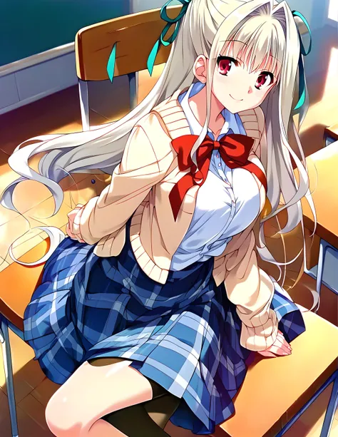 <lora:pony_xl_Charles>,Charles,score_9,score_8_up,score_7_up,source_anime,1girl,solo,hair_ribbon,looking at viewer,school uniform,dress,blue plaid,long sleeves,red bowtie,plaid skirt,black pantyhose,smile,:d,classroom,sitting_on_chair,