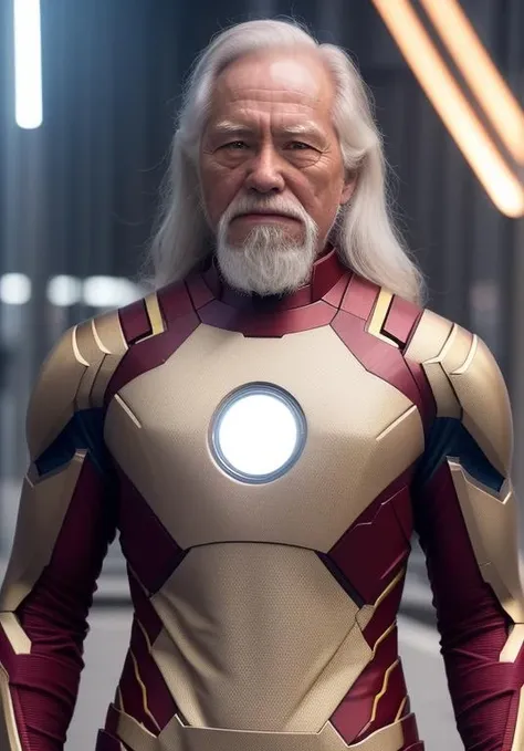 (A medium photo of a 70-year-old man,aged up,grandpawds)
white beard,white hair,(dress as iron-man),upper body,modelshoot style,lens flare
(masterpiece) (photorealistic) (best quality) (detailed skin) (intricate) (8k) (HDR)
<lora:wangdeshun:0.8>