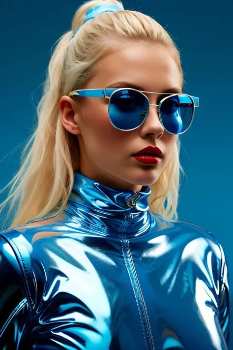 blue-glasses,1 white girl,solo,close-up,red lips,facing aside,simple background,blue background,blonde hair,blue latexsuit,blue theme,makeup,<lora:CSG:0.6>,
masterpiece,best quality,Ultra HD,high quality,HDR,UHD,8K,