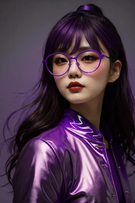 purple-glasses, 1 Asian girl, solo, close-up, brown lips, facing aside, simple background, purple hair, purple clothing, purple theme, makeup,<lora:CSG:0.6>,
masterpiece,best quality,Ultra HD,high quality,HDR,UHD,8K,
