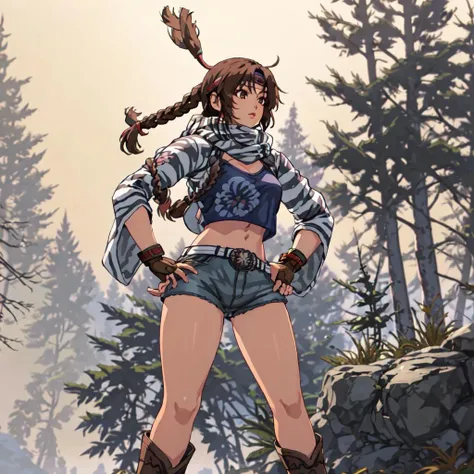 <lora:Michelle_Chang-10:1>outdoor,forest,high quality,Masterpeace,Michelle_Chang, 1girl, solo,brown hair, navel, brown eyes, jewelry, midriff, belt, fingerless gloves, scarf, bracelet, lips, crop top, short shorts, single braid, headband, brown footwear, knee boots, cropped jacket, denim shorts, shading eyes, native american, cowboy boots,full body,standing,hand on hip