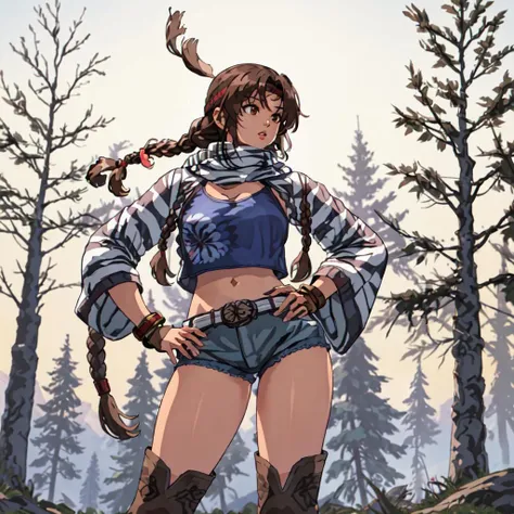 <lora:Michelle_Chang-10:1>outdoor,forest,high quality,Masterpeace,Michelle_Chang, 1girl, solo, long hair, brown hair, navel, brown eyes, jewelry, midriff, belt, fingerless gloves, scarf, bracelet, lips, crop top, short shorts, single braid, headband, brown footwear, knee boots, tank top, denim, cropped jacket, denim shorts, shading eyes, native american, cowboy boots,full body,standing,hand on hip