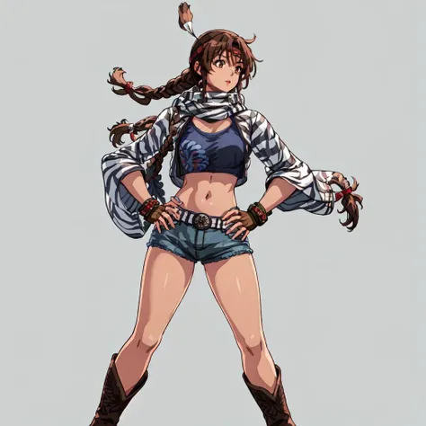 <lora:Michelle_Chang-10:1>outdoor,forest,high quality,Masterpeace,Michelle_Chang, 1girl, solo, long hair, brown hair, navel, brown eyes, jewelry, midriff, belt, fingerless gloves, scarf, bracelet, lips, crop top, short shorts, single braid, headband, brown footwear, knee boots, tank top, denim, cropped jacket, denim shorts, shading eyes, native american, cowboy boots,full body,standing,hand on hip