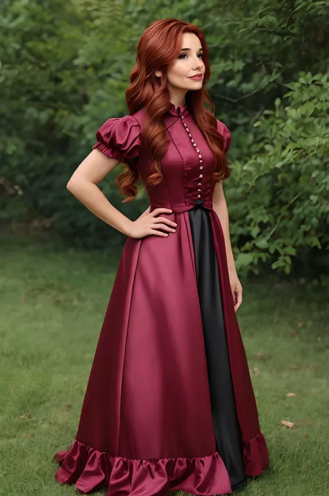 <lora:Cadaea:1> cadaea, face showing, red and brown hair
 <lora:BustleFashion:0.8> bu5tl3, long dress, full body, profile,