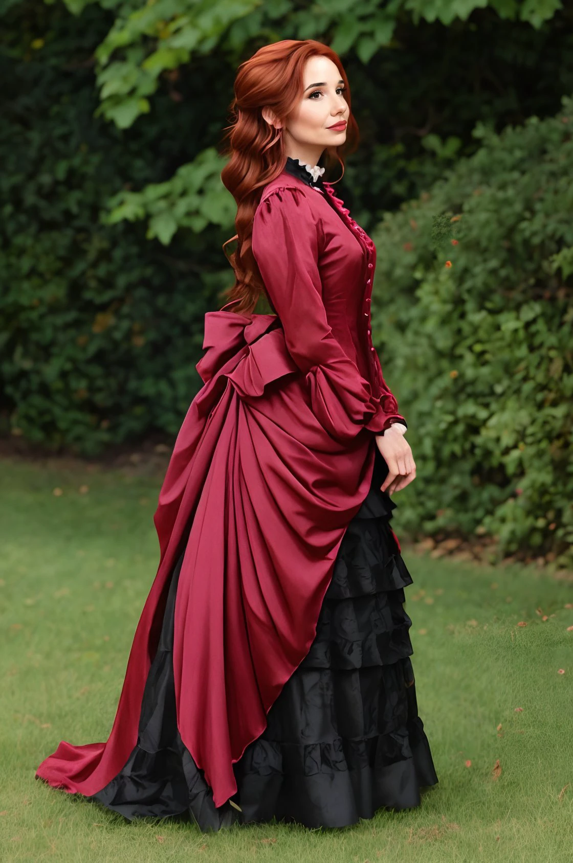 <lora:Cadaea:1> cadaea, face showing, red and brown hair
<lora:BustleFashion:1> bu5tl3, long dress, full body, profile,