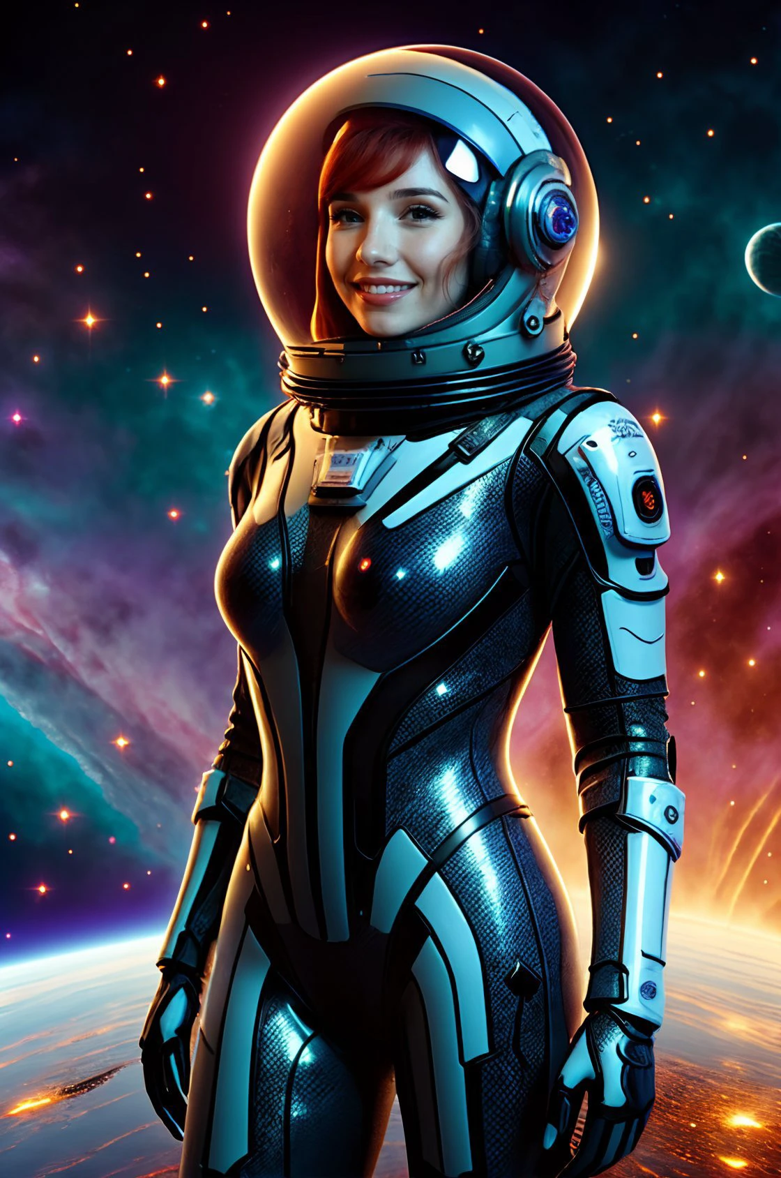 <lora:Cadaea:1> cadaea, red hair, smiling
<lora:tightSpacesuit:0.8> latex,skin tight,space helmet,helmet,astronaut
In a spaceship
Style-DoF