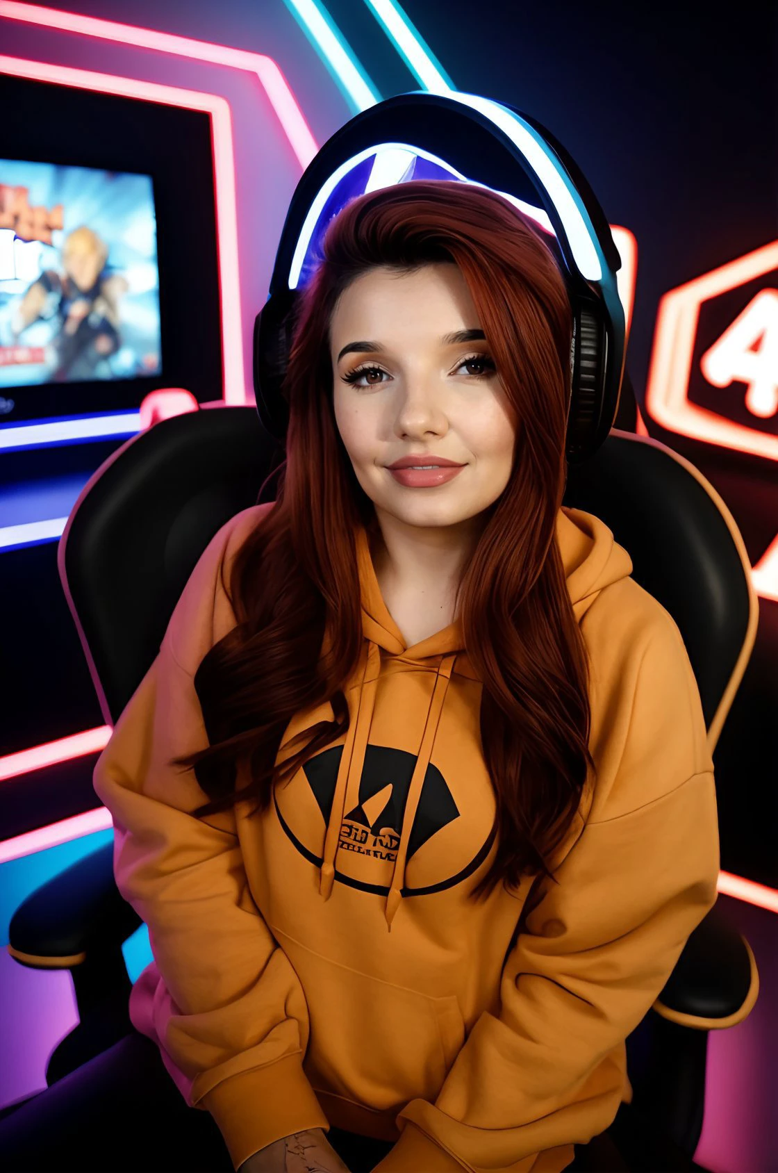<lora:Cadaea:1.4> cadaea, red and brown hair
wearing a cozy hoodie
in a gaming room