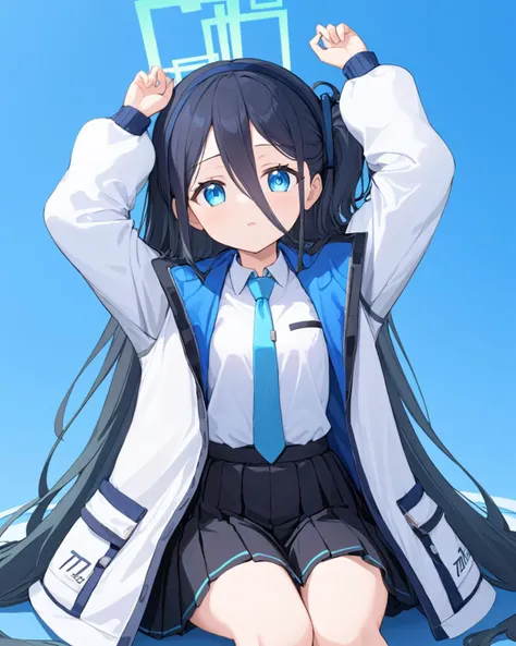 arisu \(blue archive\),1girl, solo, black_skirt, pleated_skirt, blue_necktie, black_hairband, looking_at_viewer, white_shirt, collared_shirt, sitting, long_sleeves, one_side_up, arm_up, parted_lips, open_jacket, halo, white_jacket, school_uniform, blue_background, :o
<lora:arisu_(blue_archive)_image2965_2023-11-25:1>halo. gorgeous,key visual, vibrant, studio anime,award-winning, professional, highly detailed,high budget, cinemascope