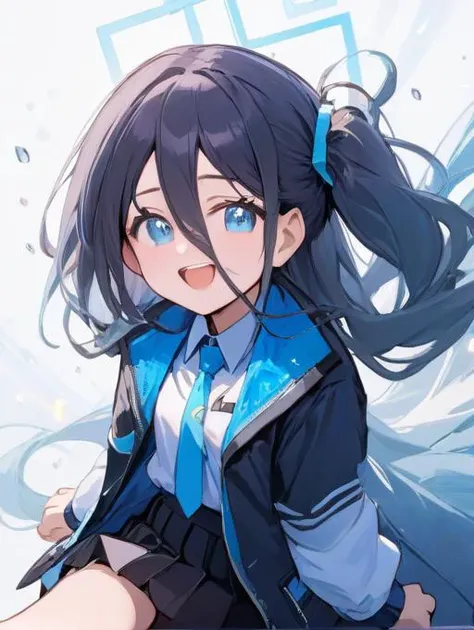 arisu \(blue archive\),1girl, solo, open_mouth, halo, white_background, blue_necktie, black_hairband, jacket, one_side_up, simple_background, pleated_skirt, weapon_on_back, white_shirt, hands_on_hips, sparkle, collared_shirt, black_skirt, smile, long_sleeves, cropped_legs, upper_teeth_only, cowboy_shot, open_clotheshalo. gorgeous,key visual, vibrant, studio anime,award-winning, professional, highly detailed,high budget, cinemascope <lora:arisu_(blue_archive)_image2965_2023-11-25:1>