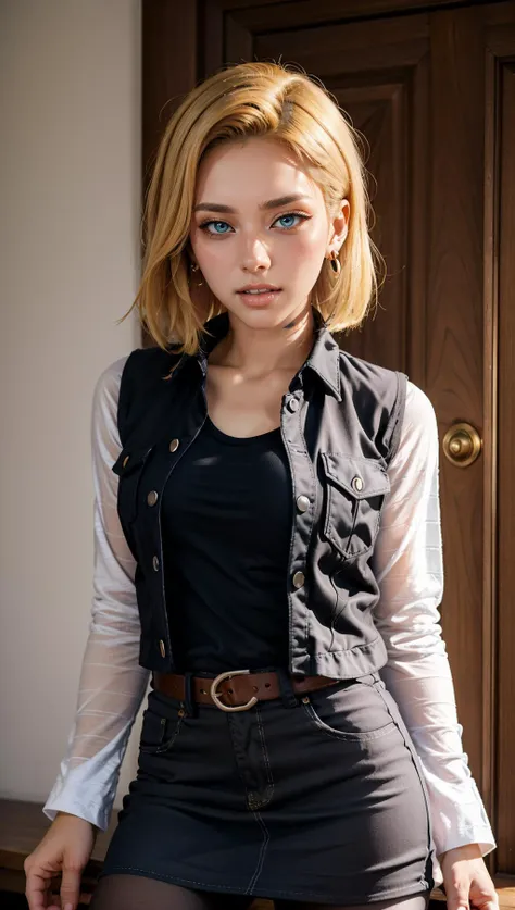 masterpiece, best quality, intricate detail, <lora:android_18_v110:0.6> android_18, and18, 1girl, android 18, dragon ball z setting, solo, blonde hair, short hair, blue eyes, earrings, jewelry, denim vest, open vest, black pantyhose, black shirt, denim skirt, striped long sleeves, blue skirt, clenched teeth, <lora:emotion_angry_slider_v1:0.8>